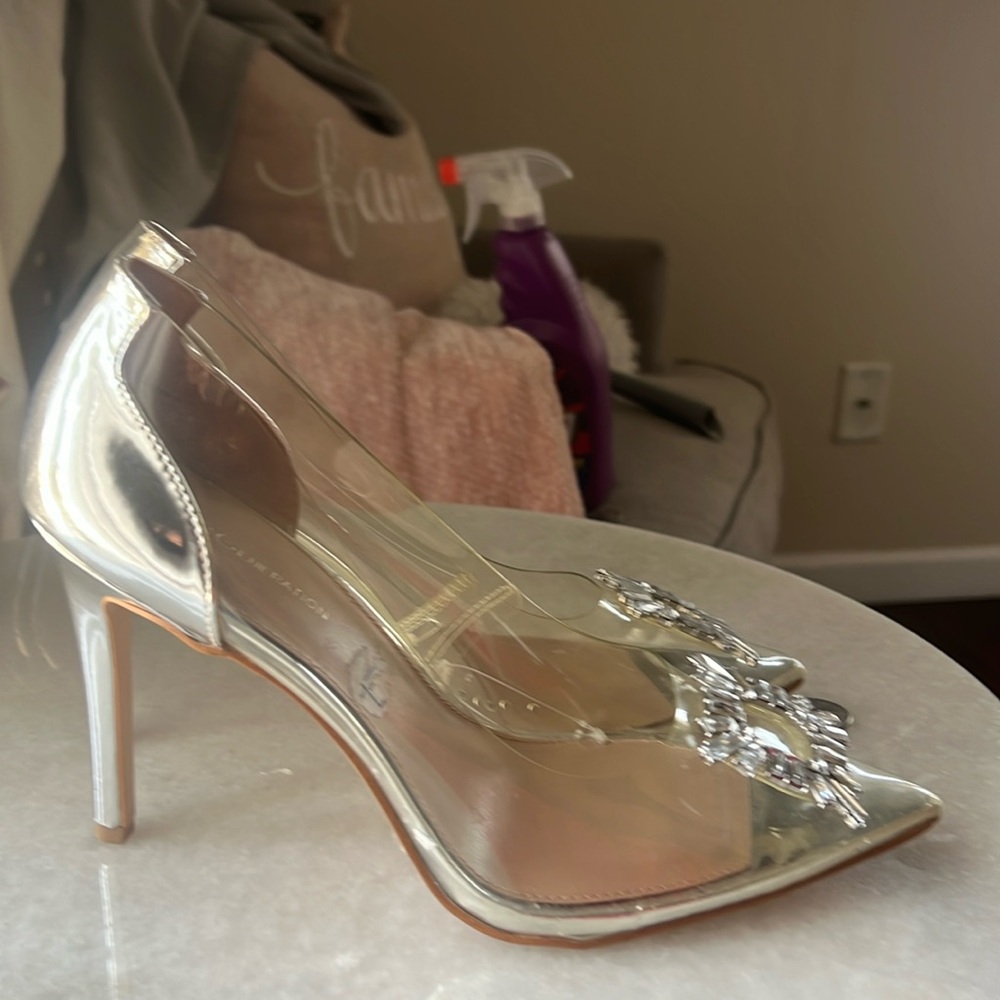 Silver and clear BCBG pumps.